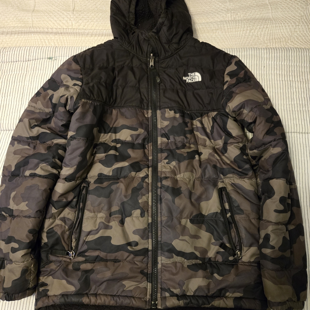 The North Face Boy's Black and Brown Camouflage Puffer Jacket